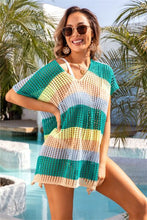 Load image into Gallery viewer, Openwork Striped V-Neck Short Sleeve Cover Up