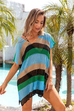 Load image into Gallery viewer, Openwork Striped V-Neck Short Sleeve Cover Up