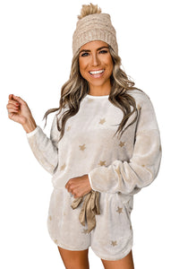 Plush Star Pattern Long Sleeve Pullover and Shorts Lounge Set