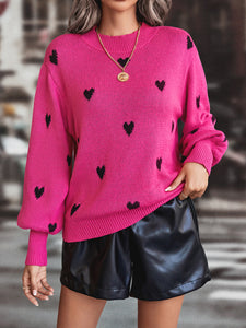 Women’s Heart Print Sweater With Mock Crew Neckline And Dropped Shoulders