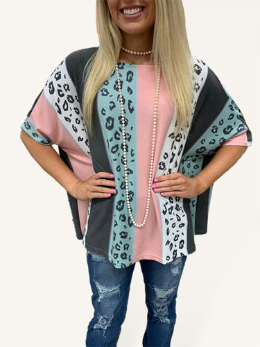 Printed half-sleeve leopard loose casual pullover top
