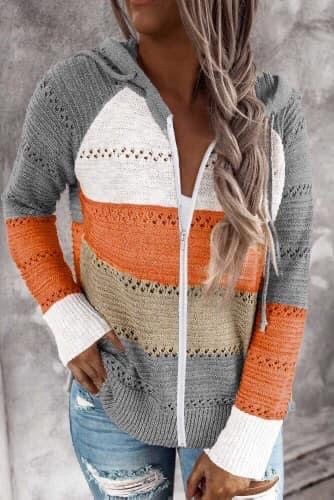 Orange/Grey Zip Front Hoodie Sweater