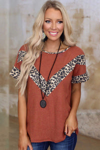 Leopard Splicing Waffle Knit Short Sleeve Tee