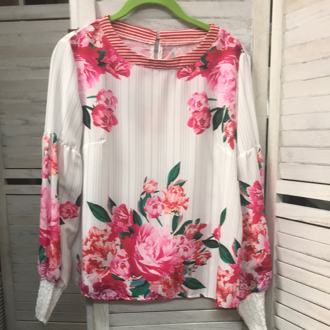 Floral Balloon Sleeve Top - Pink -