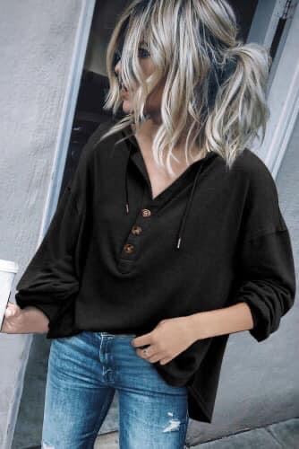 Button Front High Low Hem Hoodie