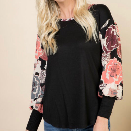 Solid Top With Floral Contrast Sleeve