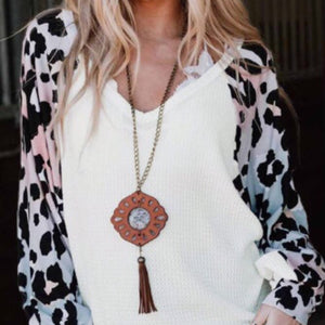 Leopard Sleeve V Neck Waffle Top