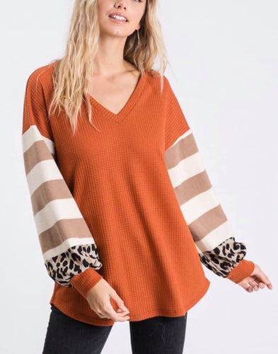 Waffle V Neck - Stripe/Leopard Puff Sleeve